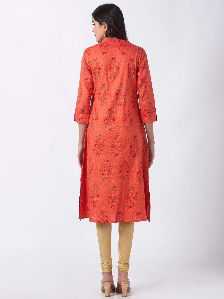 Women Straight Three-Fourth Coral Kurta