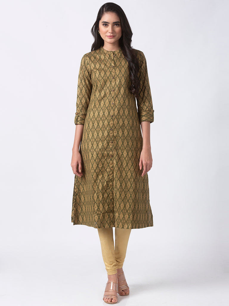 Women Straight Three-Fourth Olive Kurta