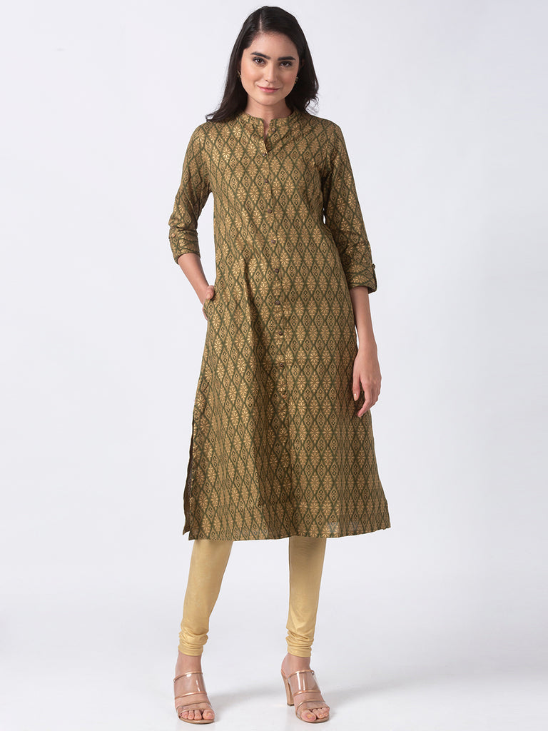 Women Straight Three-Fourth Olive Kurta