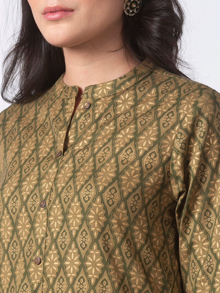 Women Straight Three-Fourth Olive Kurta
