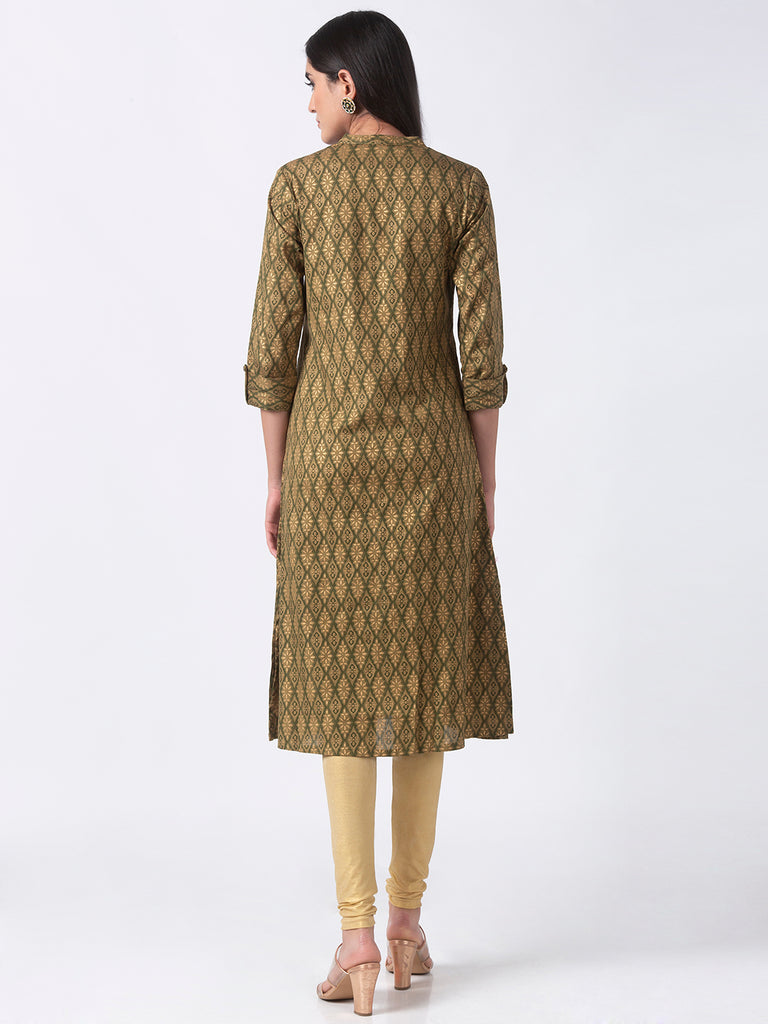 Women Straight Three-Fourth Olive Kurta