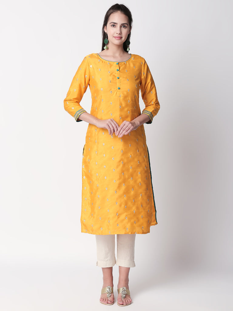 Women Straight Three-Fourth Mustard Kurta