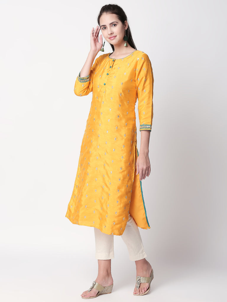 Women Straight Three-Fourth Mustard Kurta