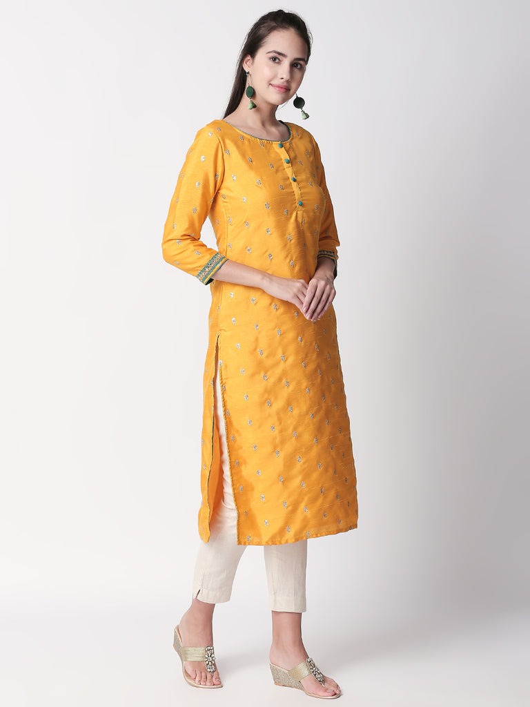 Women Straight Three-Fourth Mustard Kurta