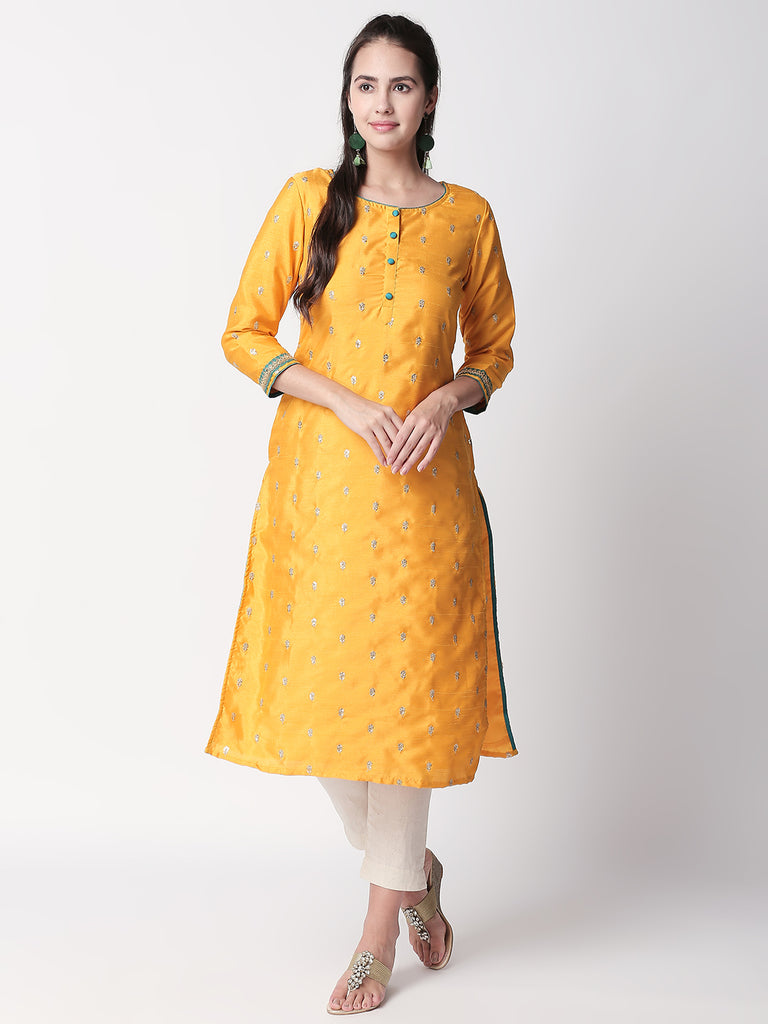 Women Straight Three-Fourth Mustard Kurta