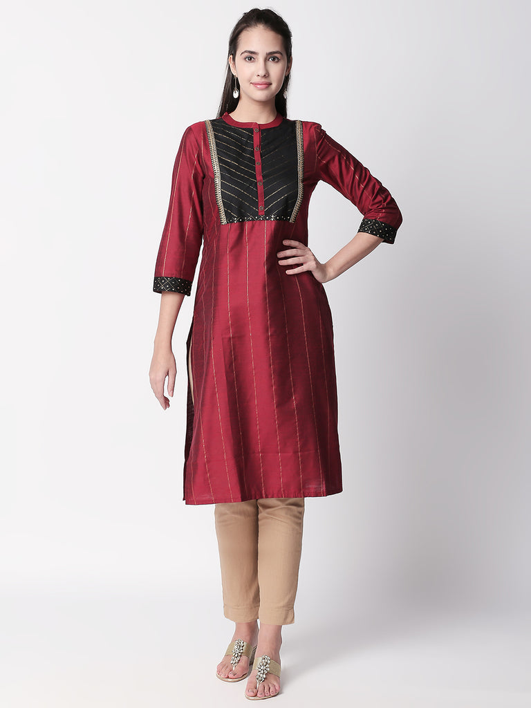 Women Straight Three-Fourth Maroon Kurta