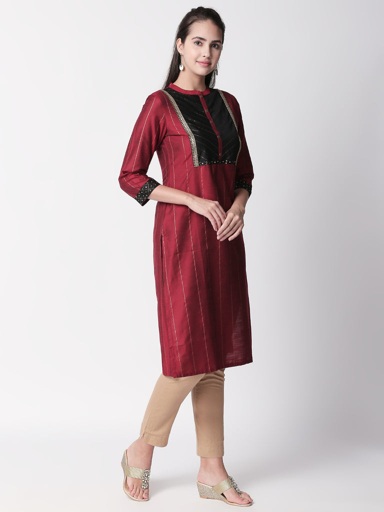 Women Straight Three-Fourth Maroon Kurta