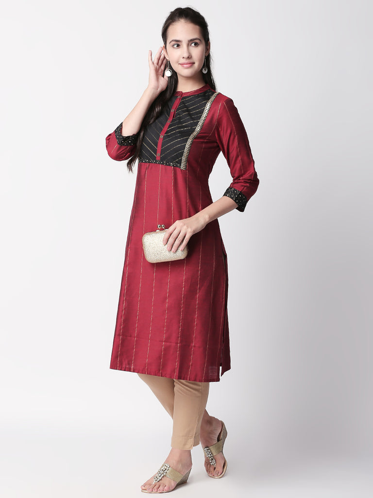 Women Straight Three-Fourth Maroon Kurta