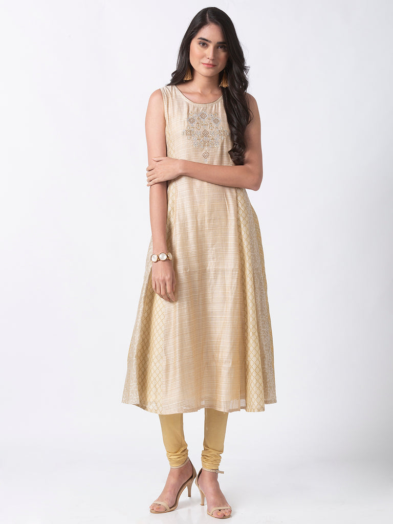 Festive Women Kalidar Sleeveless Beige Kurta