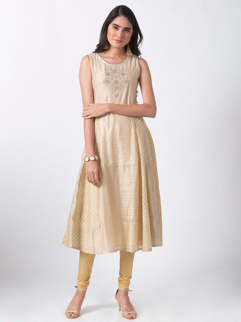 Festive Women Kalidar Sleeveless Beige Kurta
