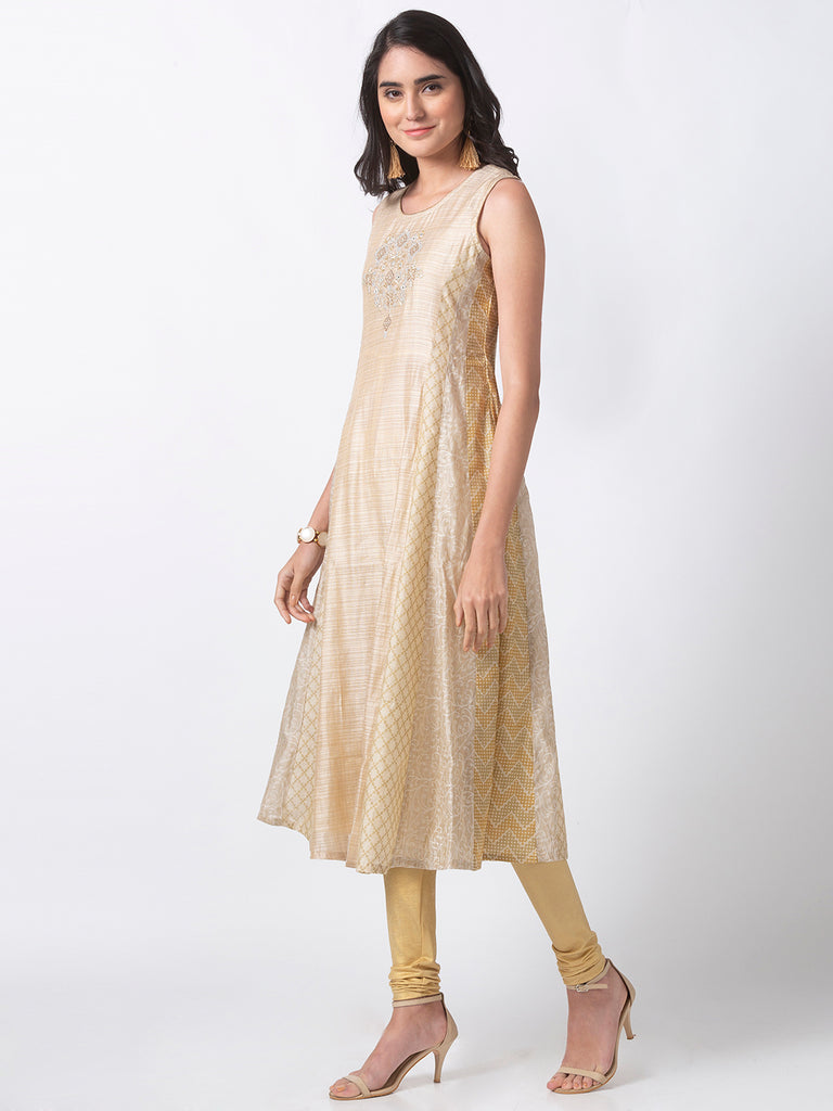 Festive Women Kalidar Sleeveless Beige Kurta
