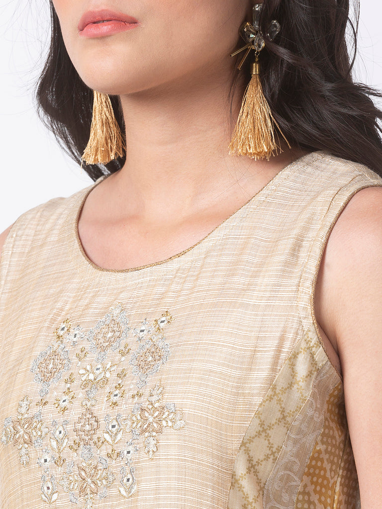 Festive Women Kalidar Sleeveless Beige Kurta
