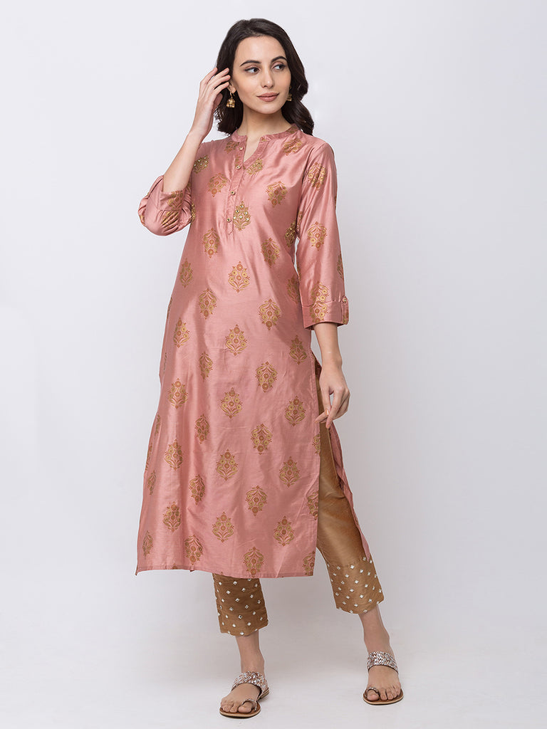 Women Straight Three-Fourth Mauve Kurta