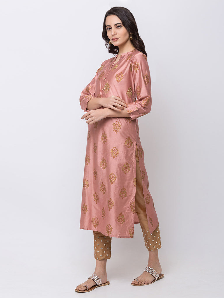 Women Straight Three-Fourth Mauve Kurta