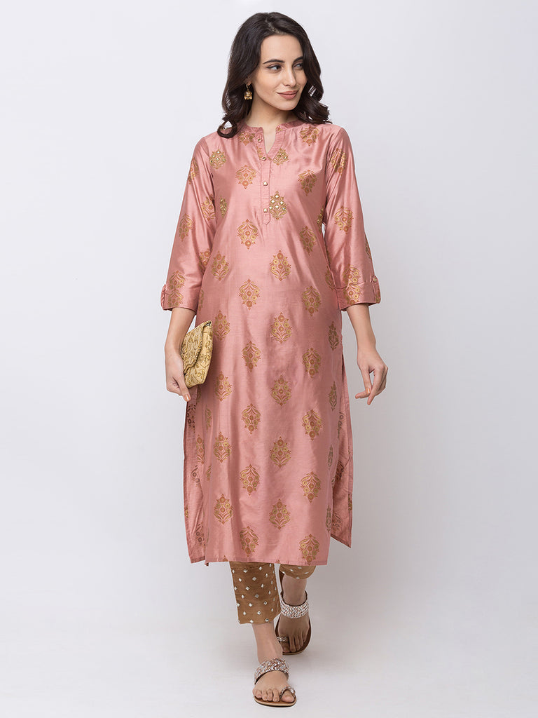 Women Straight Three-Fourth Mauve Kurta