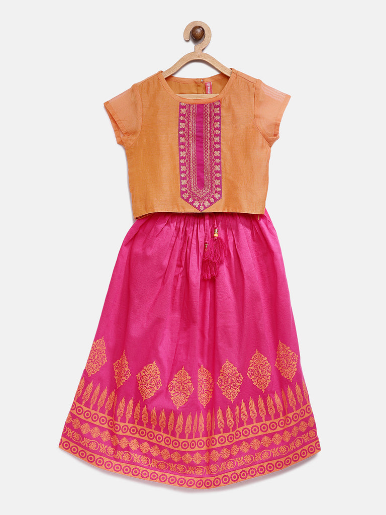 Kids Girls Flared Half Sleeve Pink Lehenga Set