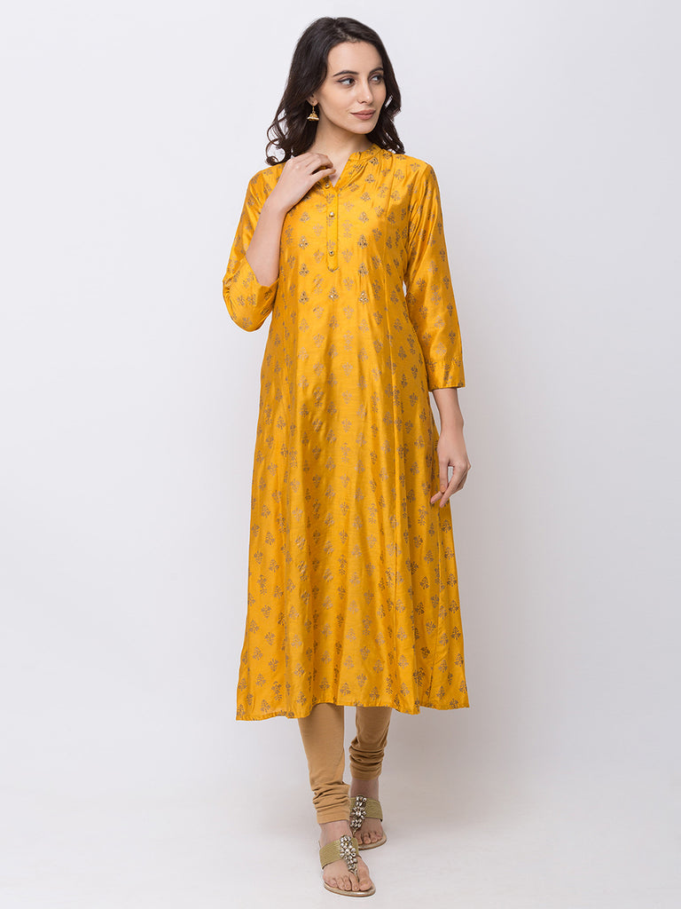 Women Aline Three-Fourth Mustard Kurta