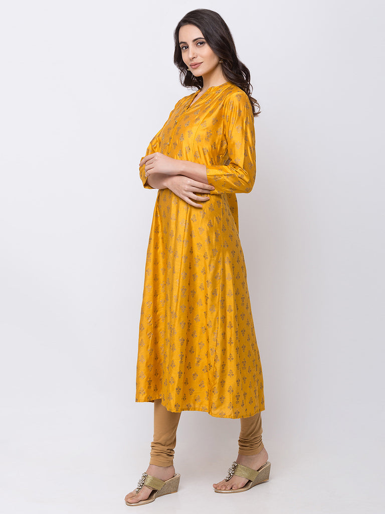 Women Aline Three-Fourth Mustard Kurta