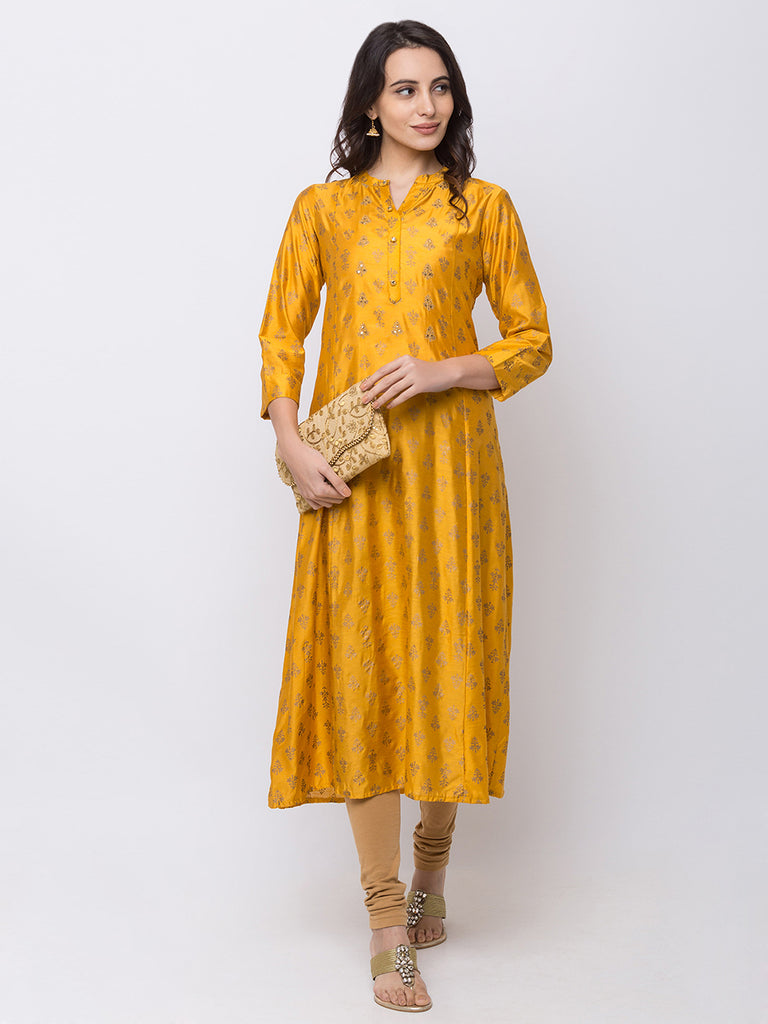 Women Aline Three-Fourth Mustard Kurta