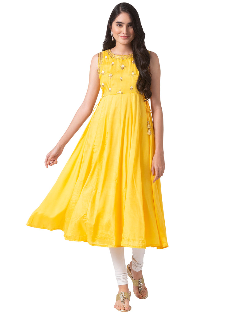 Women Kalidar Sleeveless Mustard Kurta