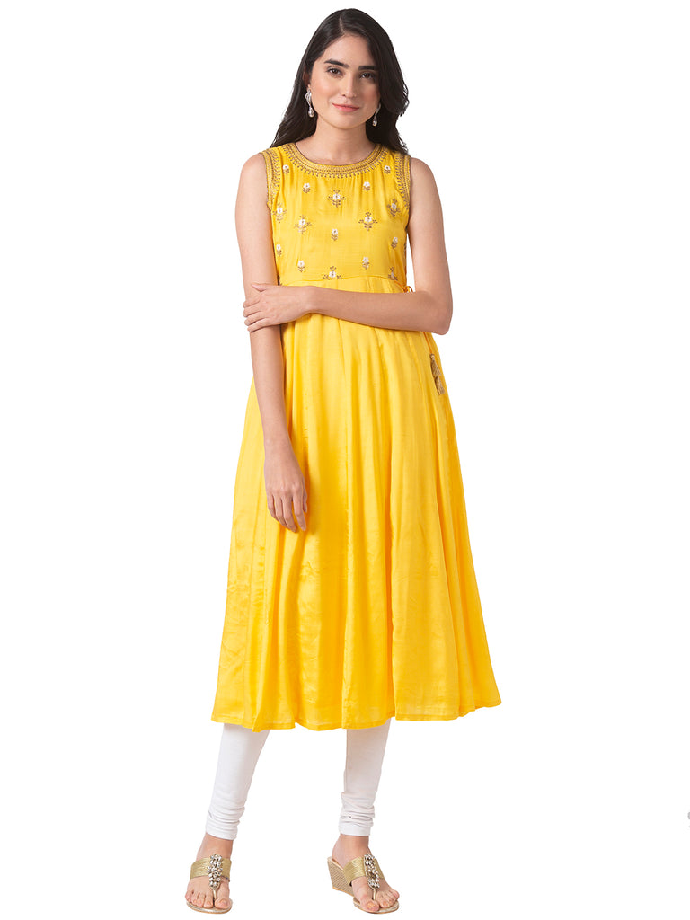 Women Kalidar Sleeveless Mustard Kurta