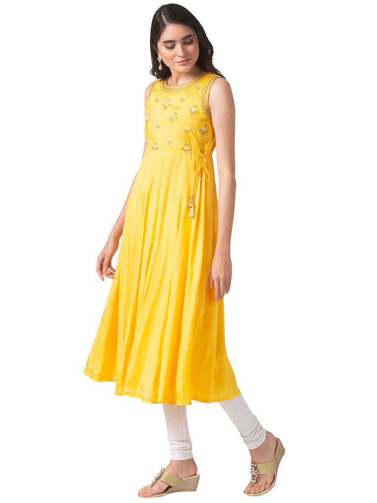 Women Kalidar Sleeveless Mustard Kurta