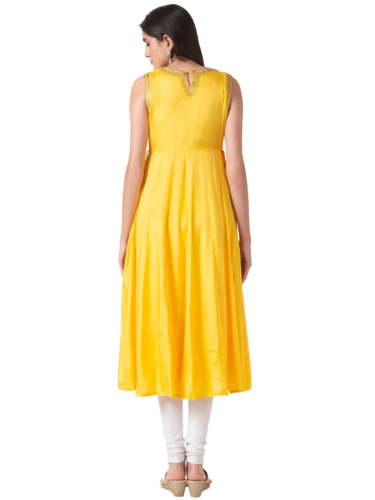 Women Kalidar Sleeveless Mustard Kurta