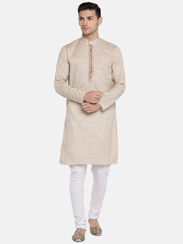 Occassion Men Straight Full Sleeve Beige Kurta