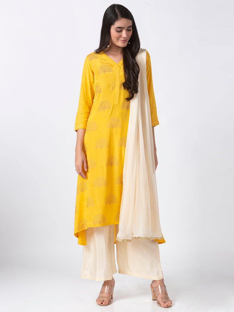 Women A Line Three-Fourth Mustard Skd