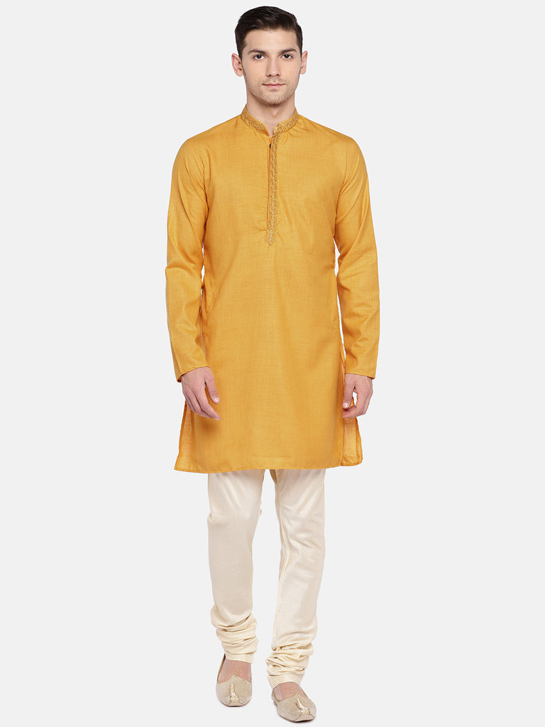 Men Straight Full Sleeve Mustard Kurta
