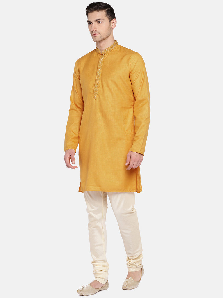 Men Straight Full Sleeve Mustard Kurta