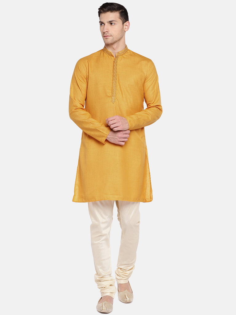 Men Straight Full Sleeve Mustard Kurta