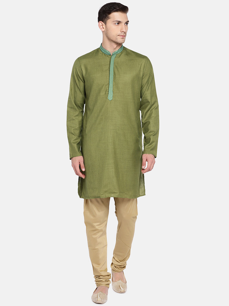 Men Straight Full Sleeve Olive Kurta