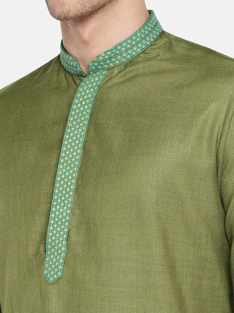 Men Straight Full Sleeve Olive Kurta