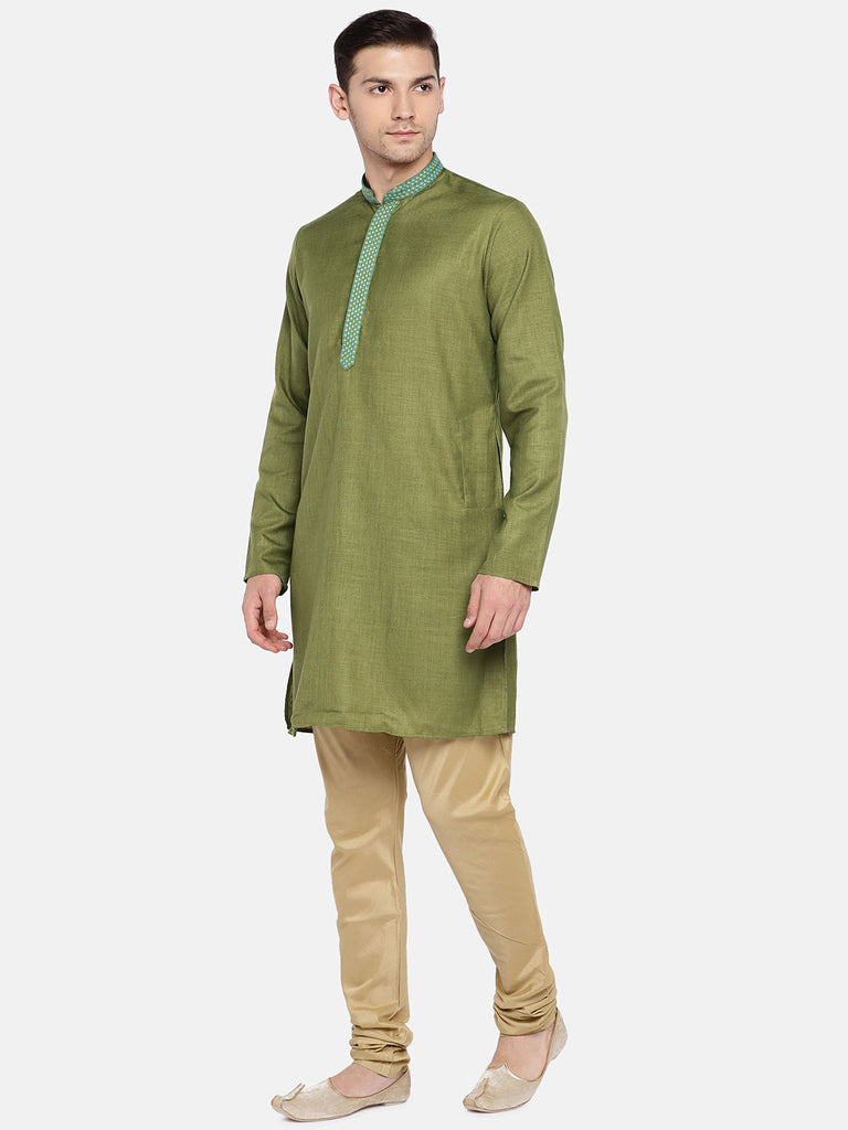 Men Straight Full Sleeve Olive Kurta
