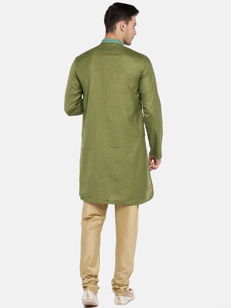 Men Straight Full Sleeve Olive Kurta