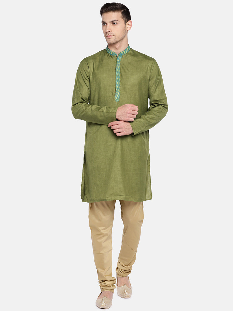 Men Straight Full Sleeve Olive Kurta