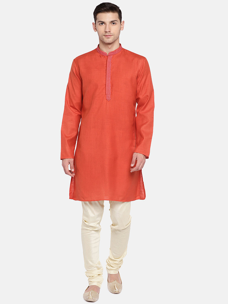 Men Straight Full Sleeve Rust Kurta