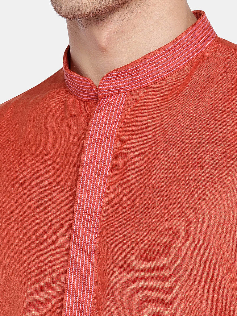 Men Straight Full Sleeve Rust Kurta
