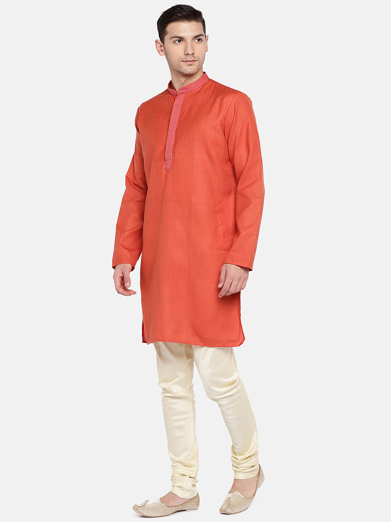 Men Straight Full Sleeve Rust Kurta