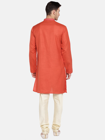 Men Straight Full Sleeve Rust Kurta