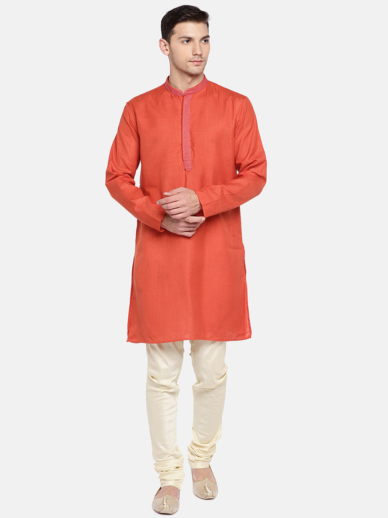 Men Straight Full Sleeve Rust Kurta
