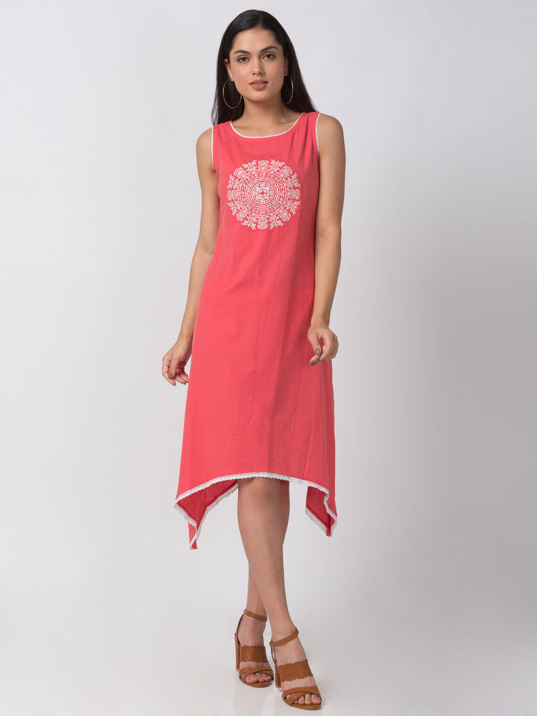 Casual Women Gathered Sleeveless Coral Kurta