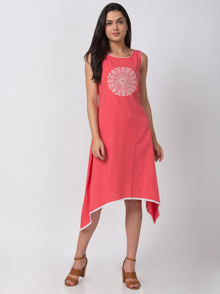 Casual Women Gathered Sleeveless Coral Kurta