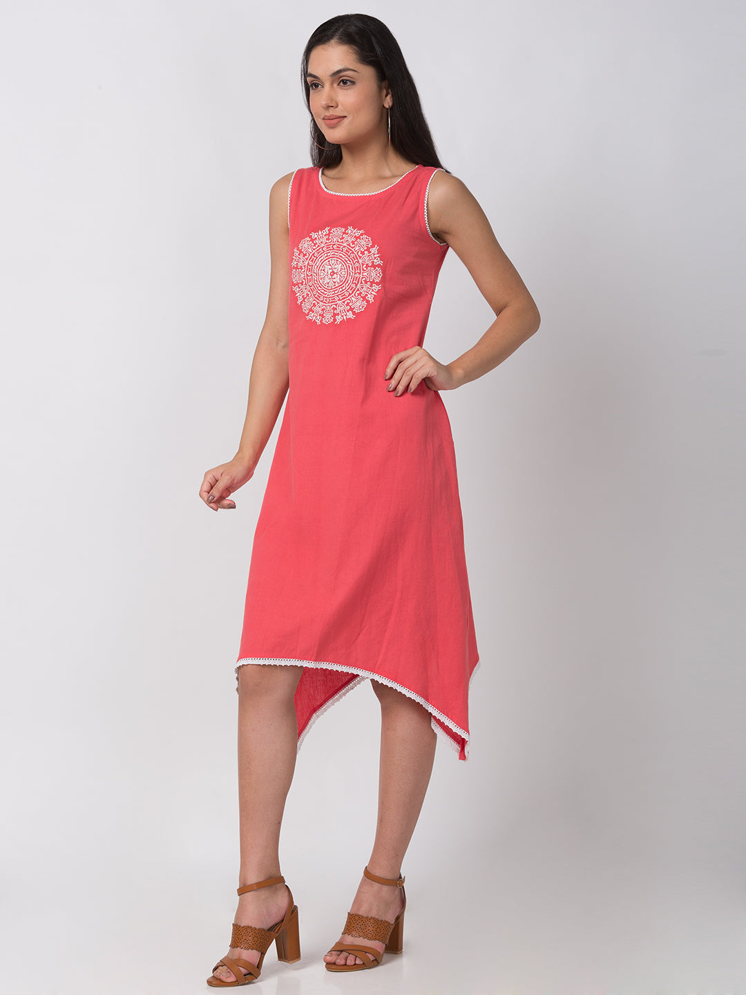 Casual Women Gathered Sleeveless Coral Kurta