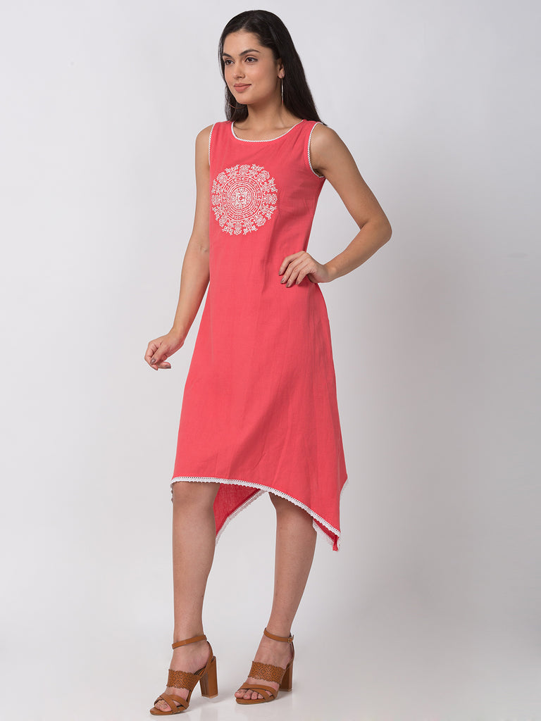 Casual Women Gathered Sleeveless Coral Kurta