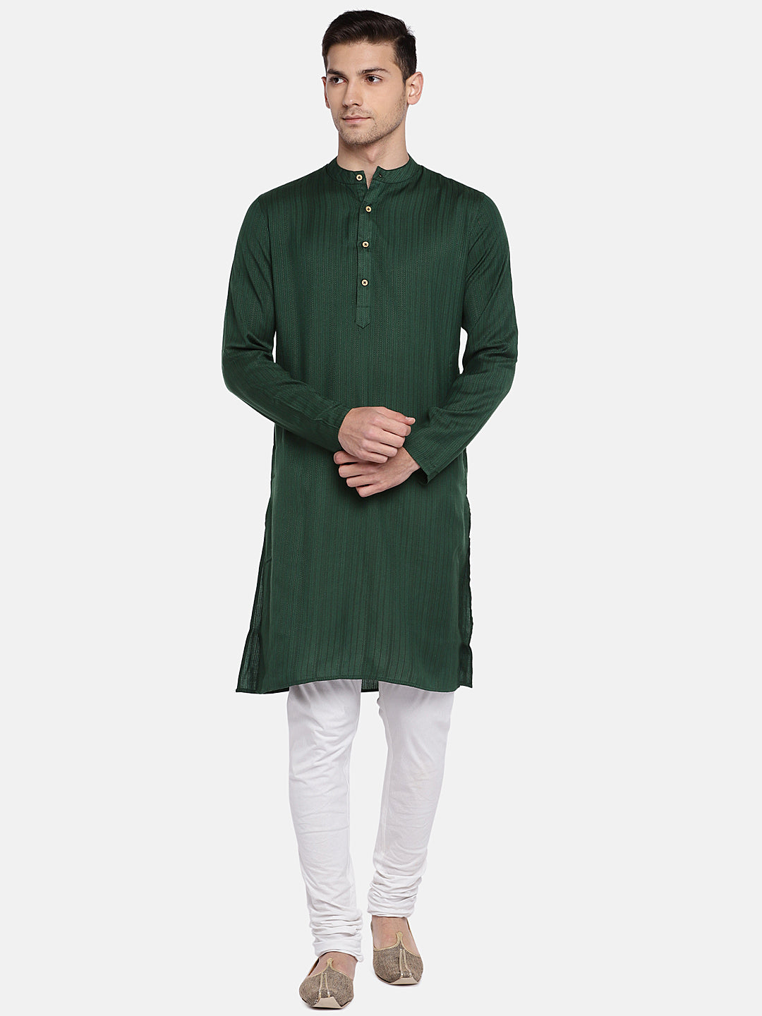Men Straight Full Sleeve Bottle Green Kurta