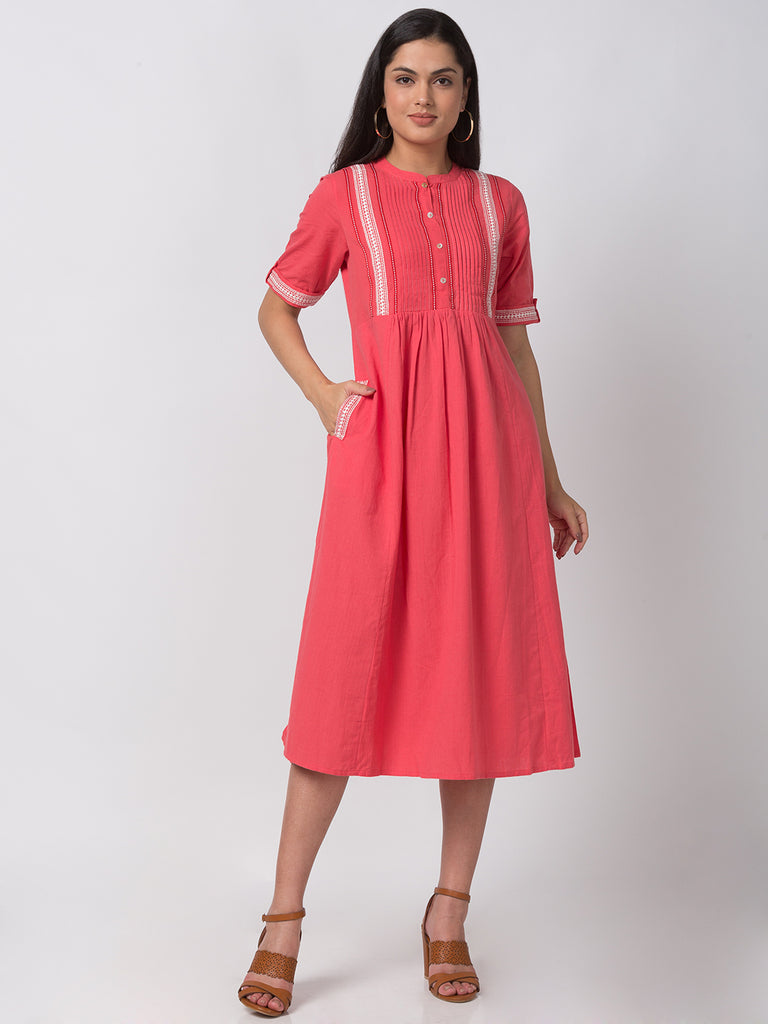 Casual Women Gathered Elbow Sleeve Coral Kurta