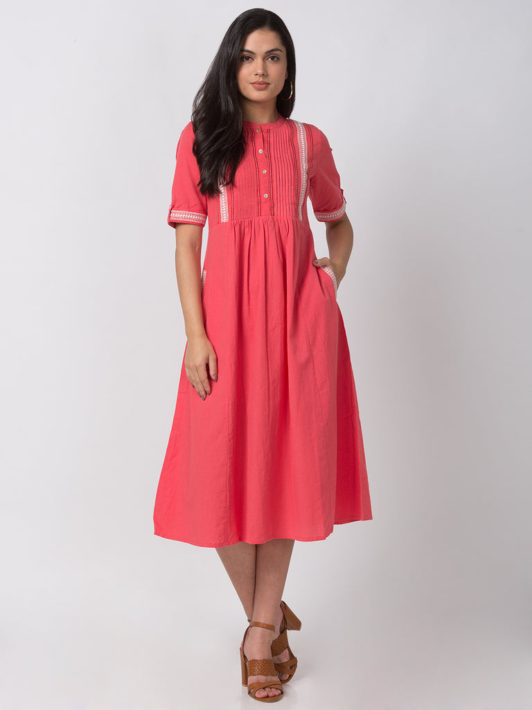 Casual Women Gathered Elbow Sleeve Coral Kurta