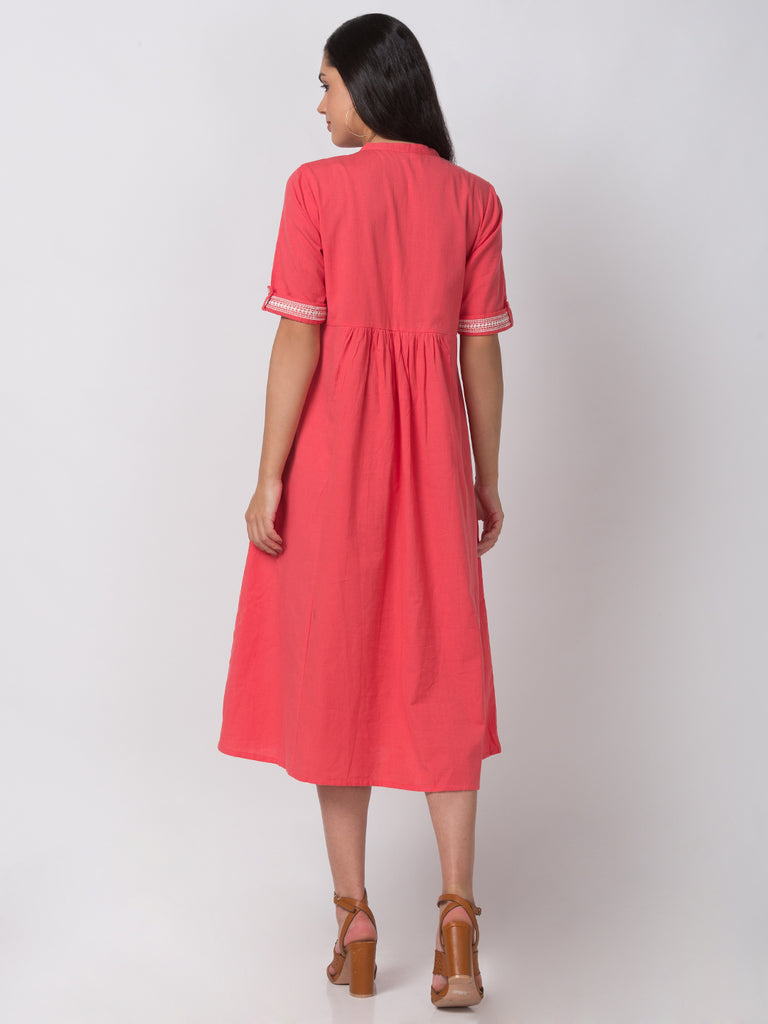 Casual Women Gathered Elbow Sleeve Coral Kurta